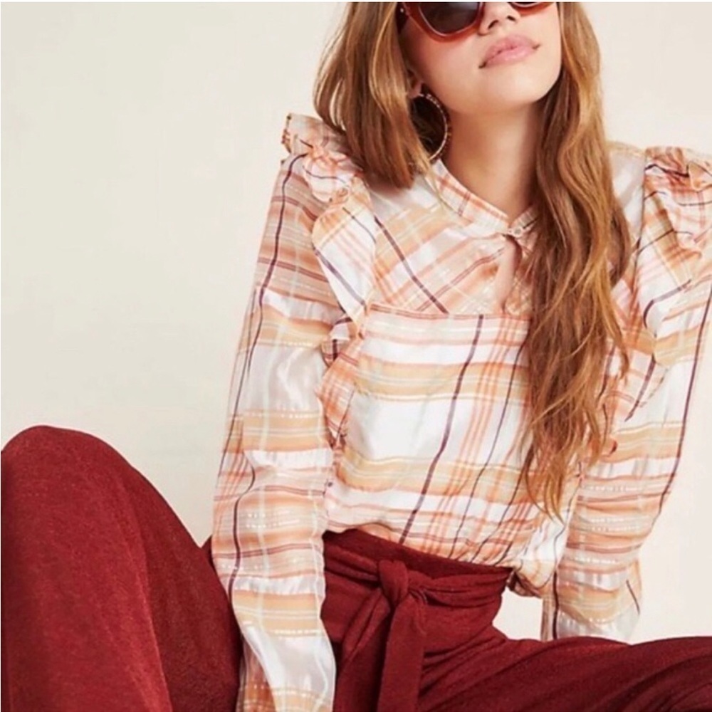 ANTHROPOLOGIE CURRENT AIR Coquette Girl Prairie Romantic Ruffle Blouse Size S